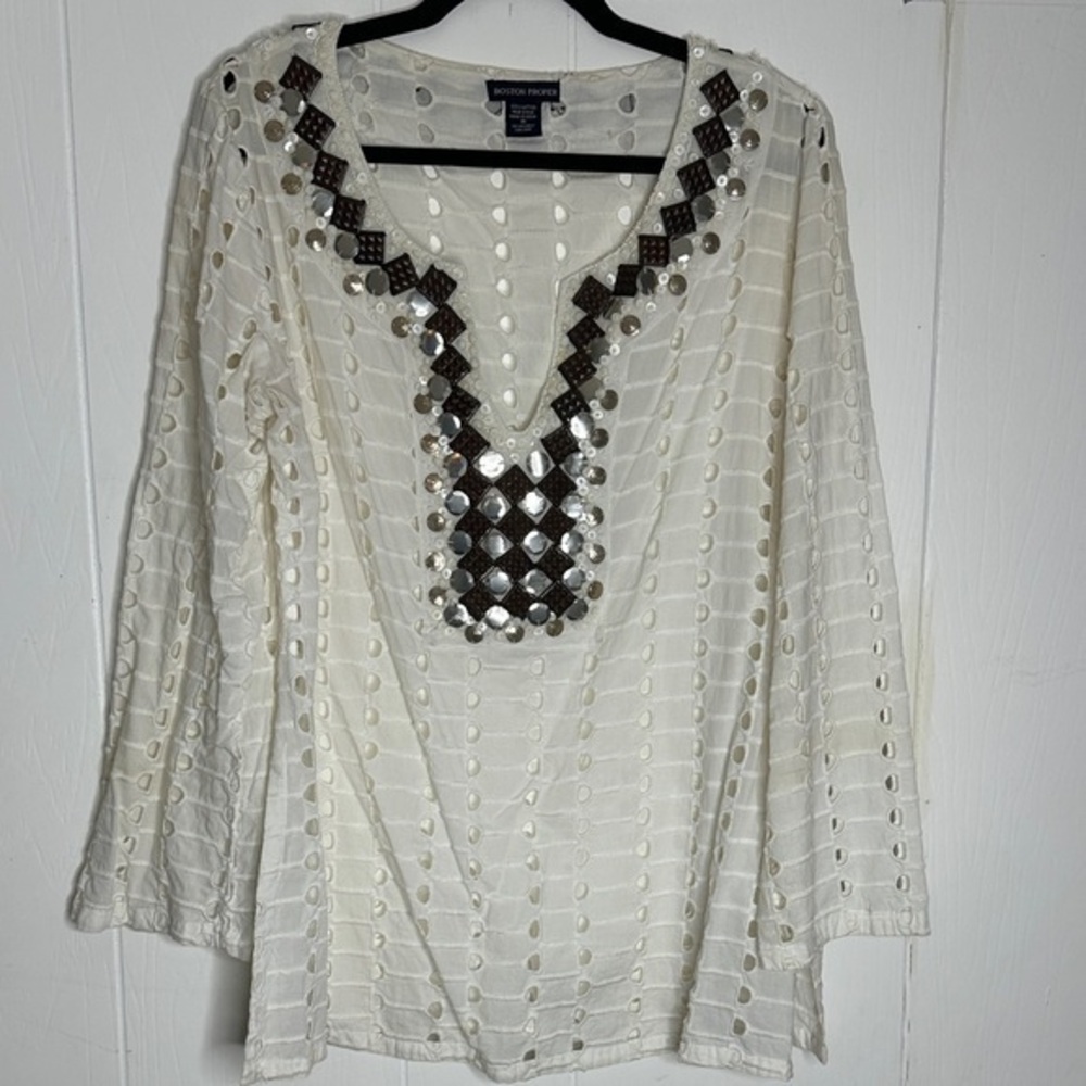 Boston Proper White and Brown V-Neck Tunic